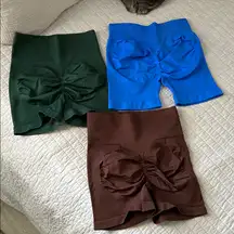 Amazon cute three bundle workout scrunch butt gym shorts XS blue brown green