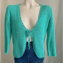 Vintage 90’s y2k turquoise crochet knit tie front cardigan sweater