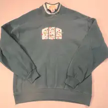 Top Stitch Morning Sun Bird Floral Embroidery Sweatshirt L Teal Cottagecore