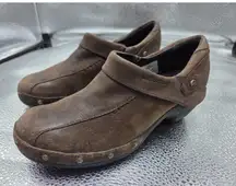 MERRELL Luxe Espresso Clogs Brown Leather Distressed Studded Slip On Shoes 6.5