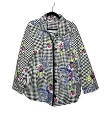 Chico's Gingham Rain Jacket Black White Floral Paisley Sz 3/16-18