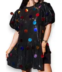Queen of Sparkles black sequin puff sleeve rainbow paillette dress