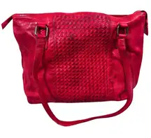 Women's Red Leather Shoulder Bag Woven Design Casual Handbag