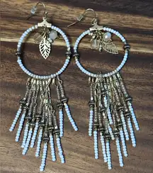 Express Boho Beaded Hoop Earrings White Gold Leaf Charm Dangle Statement