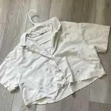 Anne Klein Palm Tree Embroidered Cropped Hawaiian Shirt Cream (Medium) beachy