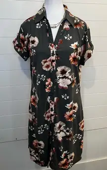Women’s Shirt Dress Gray Floral Buttons Collared Casual Size Large Classic Light