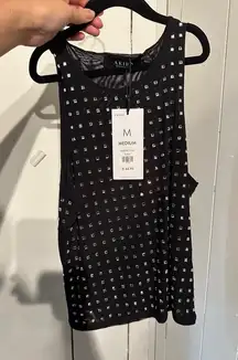 AKIRA Black Embellished Rhinestone Mesh Tank Top