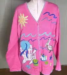 Quacker Factory Beach Ocean Lake Vacation Ugly Sweater Whimsical Quirky Cardigan