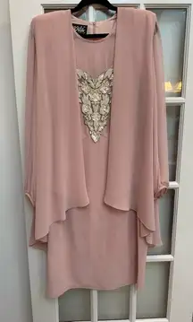 Vintage Ursula Of Switzerland Pink Long Sleeves Beaded Cape Dress Gown Size 16