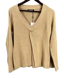 Fashion Union Cardigan Sweater Neutral Tan Ribbed Knit Open Twist Front 10‎