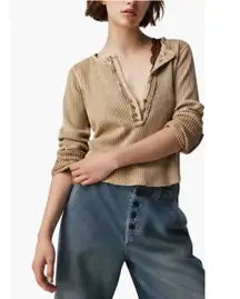 Free People Dolphin Cold Waffle Knit Raw Hem Split Neck Cotton Henley Top Sz XS