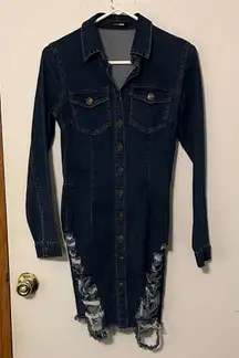 FashionNova Denim Dark Wash Button-Up Distressed Dress Size M