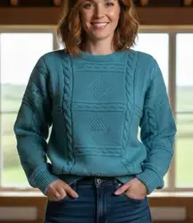 Vintage 80s Teal Irish Aran Sweater 100% Wool Large