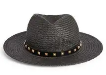 new not ALLSAINTS Straw Studded Paige Fedora pyramid studs black warm brass