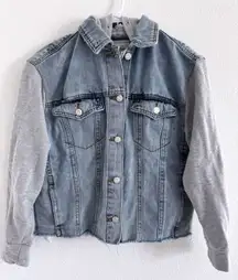 Kensie Jeans‎ Denim Hooded Jacket Womens Size M Raw Hem Trucker Sweatshirt 90s