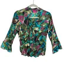 Sunny Leigh Colorful Ruffled 3/4 Bell Sleeve Collared Button Up Blouse Size L