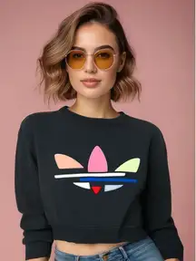 Adidas Women's Cropped Sweatshirt Small Black Multicolor‎ Trefoil Logo Casual