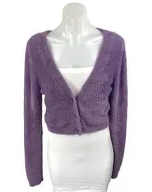 Aritzia Sunday Best Purple Fuzzy Faux Fur Button Crop Cardigan Sweater Top Sz M