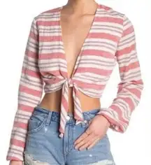 Lovers + Friends Striped I Think I Love You Tie Front Cropped Top Size Medium