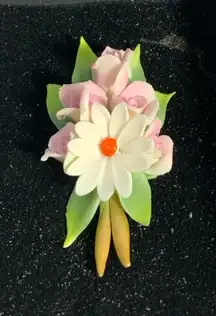 Vintage Porcelain Floral Bouquet Brooch Pin W/ Box