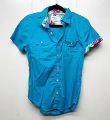 Paper Denim & Cloth Button Down Short Sleeve Women's Blue Shirt Size Medium Slim