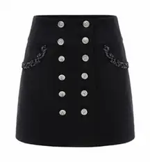 Elegant Tweed Trimmed Navy Blue Silver Button Embellished Mini Skirt