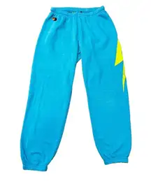 Aviator Nation Light Blue Turquoise Heather Sweatpants Yellow Lightening Bolt