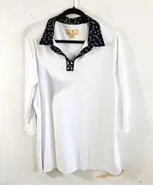 Sport Haley Polo Navy Floral Collar 3/4 Sleeves White Sz XXL EUC Pearl Details