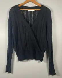 ASTR The Label S Faux Wrap V-neck Pointelle Knit Pullover Sweater‎ Black ($79)