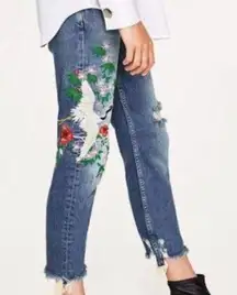 KanCan Crane Bird Floral Embroidered Frayed Hem Mid Rise Skinny Blue Jeans Sz 25
