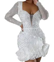 Short White Sparkly BodyCon Party Dress Long Sleeve Ruffle Hem Size L NWOT