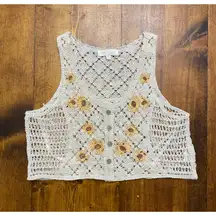 Rebellion Crochet Vest Small Sunflower Embroidered Button Front 100% Cotton Boho