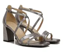 Naturalizer Women Tiff Leather Square Toe Heels Sandals Shoes Pewter 9.5 3” heel