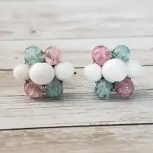 Vintage Screw On Earrings - Light Blue, Pink, White Cluster