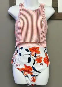 Cupshe One Piece Women’s Floral and Striped Pull-On High Neck Swim Suit-Medium