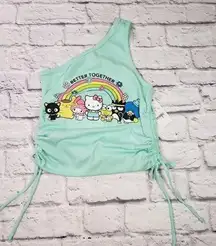 NEW Hello Kitty Jrs Mint Green One Shoulder Side Shirred Cropped Tank Top