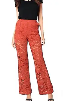 Bebe Red Lace Wide Leg Trousers Pleat Front Lined Illusion Pants 2