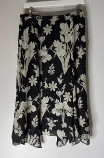 Loft Black White Floral Midi Skirt Asymmetrical Size 8