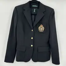 Lauren Ralph Lauren 100% Wool Black Blazer Embroidered Crest Gold Button Size 6