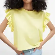 Zara Flutter Sleeves Crop Top in Yellow, Size L​​​​​​​​