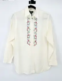 Vintage Lauren Ralph Lauren Large White Linen Button Up Shirt Floral Embroidery