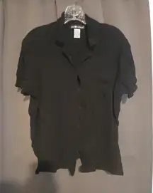 Sag Harbor Black Collared Button Down, Women's Large Shirt, Short Sleeve V-Neck