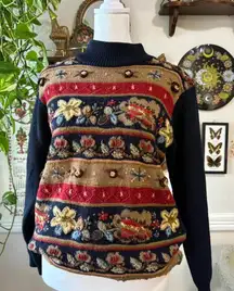 Vintage Alfred Dunner S Embroidery Floral Cottage Knitted Sweater Mock Neck Cozy