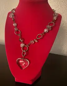 Quartz Beaded Necklace w Glass Heart Pendant | Chunky Statement Jewelry