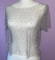 Sexy See Thru Pearl Rhinestone Beaded Top Medium Mesh Sheer Festival Whimsical