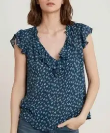 Velvet by Graham & Spencer Navy Floral Ruffle Top Shirt Blouse Womens M Medium