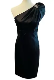 David Meister Puff One Shoulder Satin Cocktail Dress Black 10