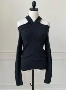 Anthropologie Moth Dark Grey Cold Shoulder Cross Neck Wool Alpaca Sweater M