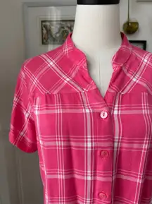 Joan Rivers Pink White Plaid Band Collar Short Sleeve Button Up M
