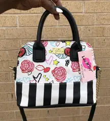 NEW NWT Luv Betsey Johnson Dome Shoulder Crossbody Patchwork Striped Hand Bag Purse Satchel Top Handle Colorblock Artsy Funky Measurement in pics